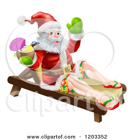 Cartoon of a Santa Waving in Surf Shorts and Drinking a Cocktail on a Beach Lounge Chair - Royalty Free Vector Clipart by AtStockIllustration