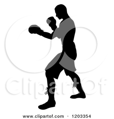 Clipart of a Silhouetted Man Fighting with Boxing Gloves - Royalty Free Vector Illustration by AtStockIllustration