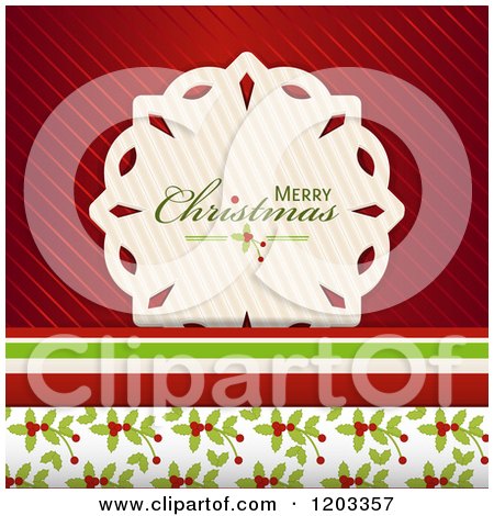Clipart of a Paper Snowflake with Merry Christmas Text over Red and Patterned Papers - Royalty Free Vector Illustration by elaineitalia