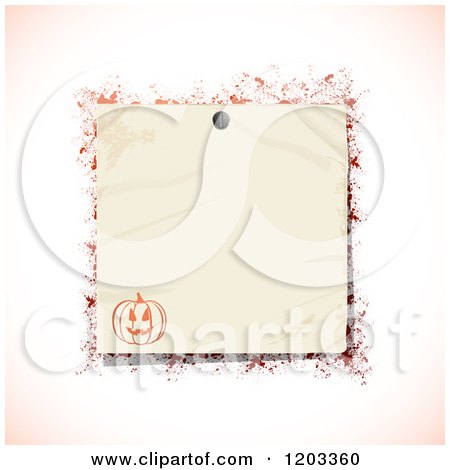 Clipart of a Crumpled Pinned Note with a Halloween Pumpkin and Blood Splatters - Royalty Free Vector Illustration by elaineitalia