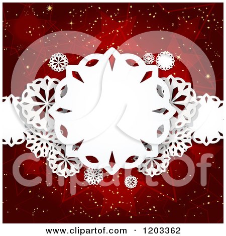 Clipart of Paper Snowflakes over Red Stars and Gold Sparkles - Royalty Free Vector Illustration by elaineitalia
