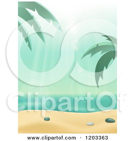 Clipart of the Sun Shining down on a Tropical Beach with Palm Tree and White Sand - Royalty Free Vector Illustration by elaineitalia