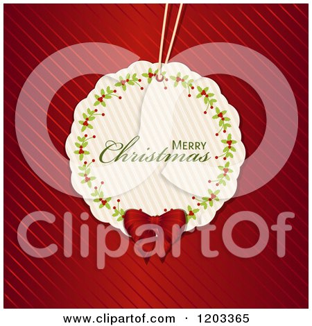 Clipart of a Merry Christmas Gift Tag and Bow over Diagonal Red Wrapping Paper - Royalty Free Vector Illustration by elaineitalia