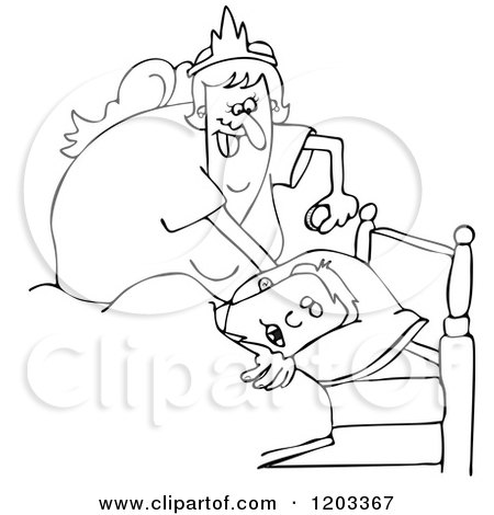 Cartoon of an Outlined Chubby Tooth Fairy Putting a Coin Under a Boys Pillow - Royalty Free Vector Clipart by djart