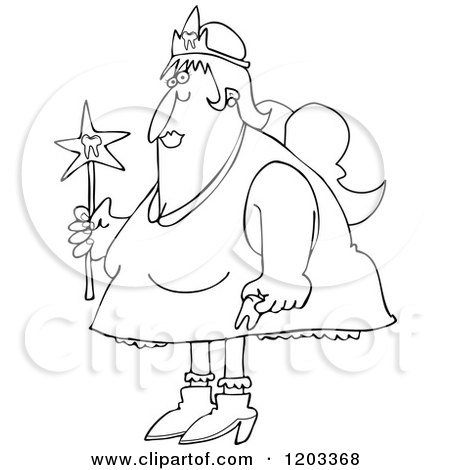 Cartoon of an Outlined Chubby Tooth Fairy Holding a Wand - Royalty Free Vector Clipart by djart