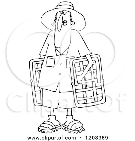 Cartoon of an Outlined Man Carrying Lawn Chairs - Royalty Free Vector Clipart by djart