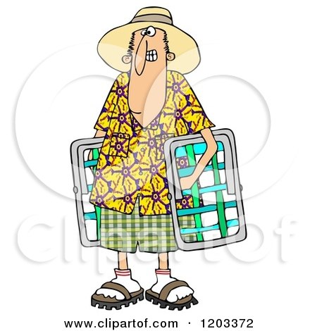 Cartoon of a White Man in a Hawaiian Shirt, Carrying Lawn Chairs - Royalty Free Clipart by djart