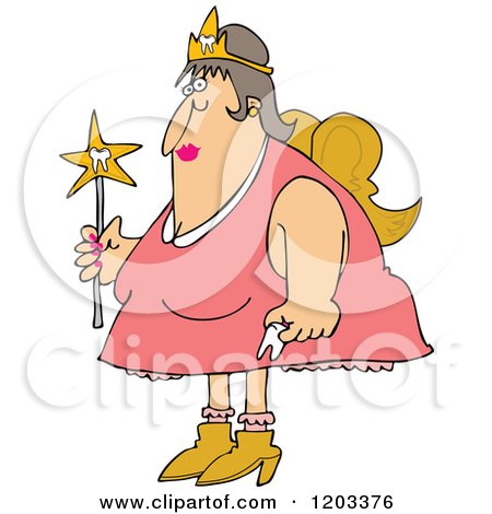 Cartoon of a Chubby White Tooth Fairy Holding a Wand - Royalty Free Vector Clipart by djart