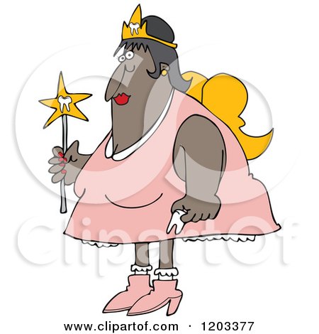 Cartoon of a Chubby Black Tooth Fairy Holding a Wand - Royalty Free Vector Clipart by djart