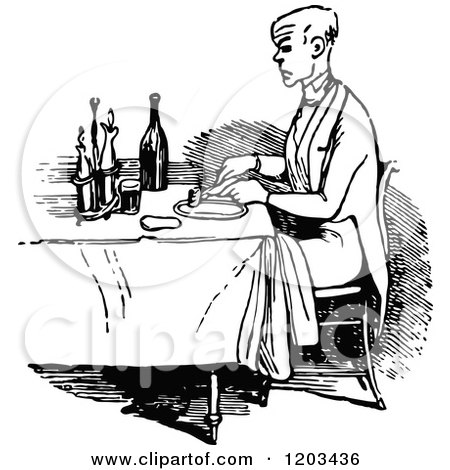 Clipart of a Vintage Black and White Man Dining Alone - Royalty Free Vector Illustration by Prawny Vintage