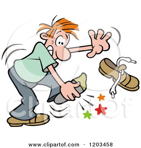 Cartoon of a Red Haired Man Stabbing His Foot on Something in His Shoe - Royalty Free Vector Clipart by Johnny Sajem