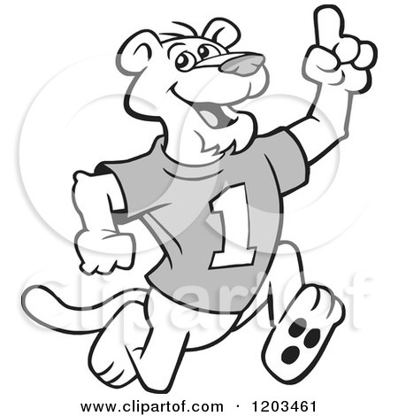Cartoon of a Grayscale Couger Mascot Wearing a 1 Jersey and Holding up a Number One Finger - Royalty Free Vector Clipart by Johnny Sajem