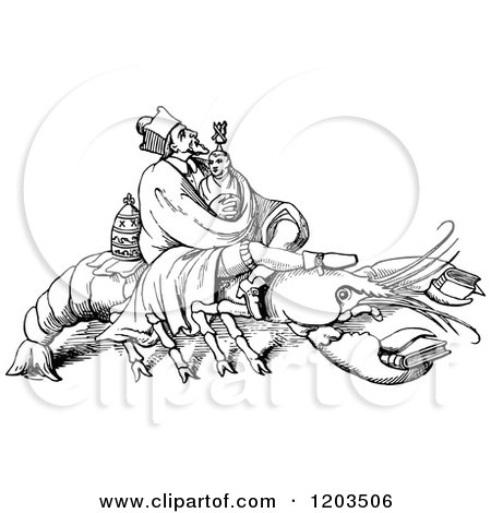 Clipart of a Vintage Black and White Lobster and Men - Royalty Free Vector Illustration by Prawny Vintage