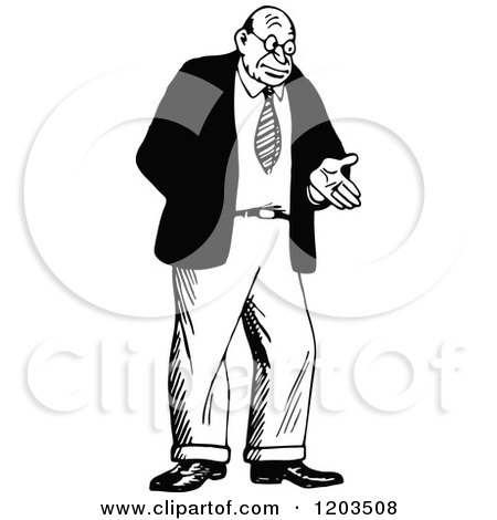 Cartoon of a Vintage Black and White Shrugging Man Gesturing with a Hand - Royalty Free Vector Clipart by Prawny Vintage