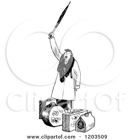 Cartoon of a Vintage Black and White Woman Hollering over Her Luggage - Royalty Free Vector Clipart by Prawny Vintage