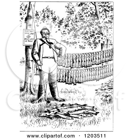 Cartoon of a Vintage Black and White Man with His Fishing Pole and Trout - Royalty Free Vector Clipart by Prawny Vintage
