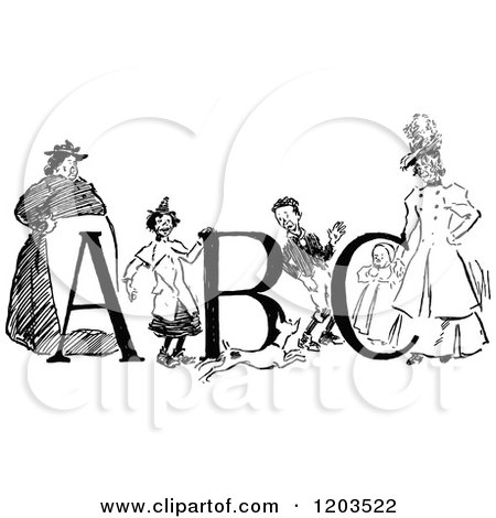 Clipart of a Vintage Black and White Children Women and Abc - Royalty Free Vector Illustration by Prawny Vintage