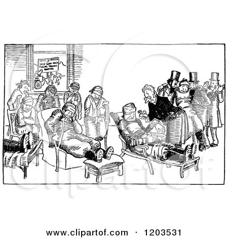 Clipart of a Vintage Black and White Room of Injured Men - Royalty Free Vector Illustration by Prawny Vintage