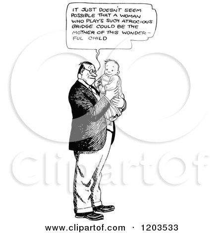 Cartoon of a Vintage Black and White Man Talking and Holding a Baby - Royalty Free Vector Clipart by Prawny Vintage