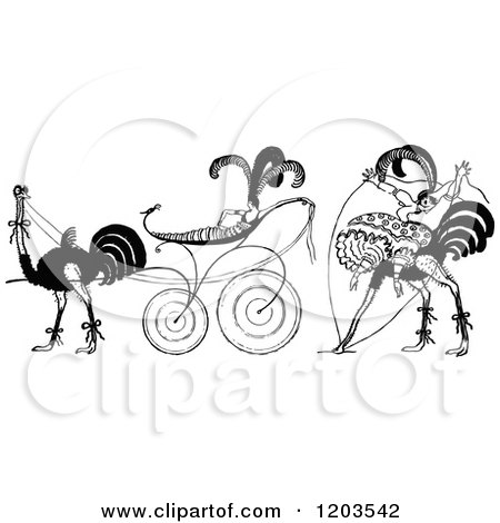 Clipart of Vintage Black and White Ladies and Ostrich - Royalty Free Vector Illustration by Prawny Vintage