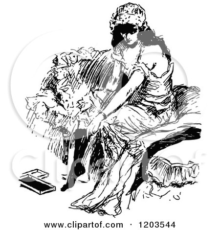 Clipart of a Vintage Black and White Lady Dressing - Royalty Free Vector Illustration by Prawny Vintage