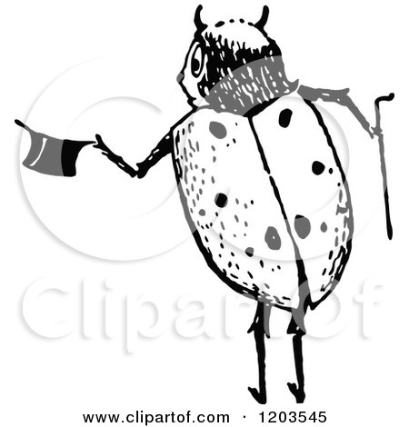 Clipart of a Vintage Black and White Ladybug with a Hat and Cane - Royalty Free Vector Illustration by Prawny Vintage