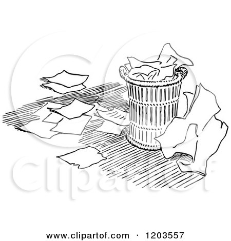 Cartoon of a Vintage Black and White over Flowing Trash Can - Royalty Free Vector Clipart by Prawny Vintage