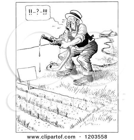 Cartoon of a Vintage Black and White Man Trying to Water His Garden with a Long Hose - Royalty Free Vector Clipart by Prawny Vintage
