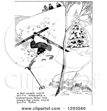 Cartoon of a Vintage Black and White Skier Crashing - Royalty Free Vector Clipart by Prawny Vintage