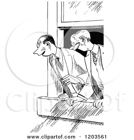 Cartoon of Vintage Black and White Excited Men Looking out a Window
