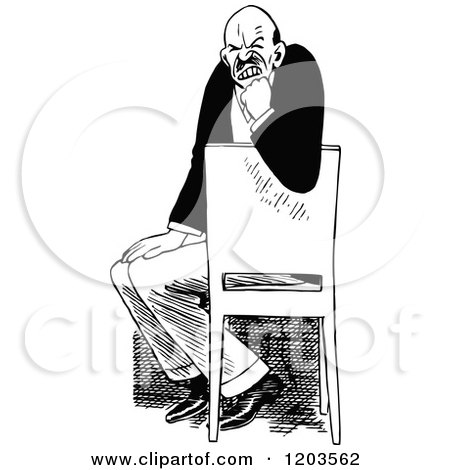 Cartoon of a Vintage Black and White Vexed Man in a Chair - Royalty Free Vector Clipart by Prawny Vintage