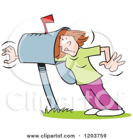 Cartoon of a Caucasian Woman Reaching Beyond Her Mailbox in Hopes of Correspondence - Royalty Free Vector Clipart by Johnny Sajem