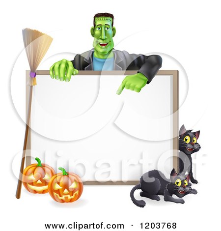 Cartoon of a Happy Frankenstein with Cats a Broomstick and Halloween Pumpkins Around a White Sign - Royalty Free Vector Clipart by AtStockIllustration