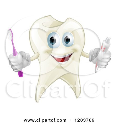 Cartoon of a Happy Tooth Mascot Holding a Brush and Paste - Royalty Free Vector Clipart by AtStockIllustration