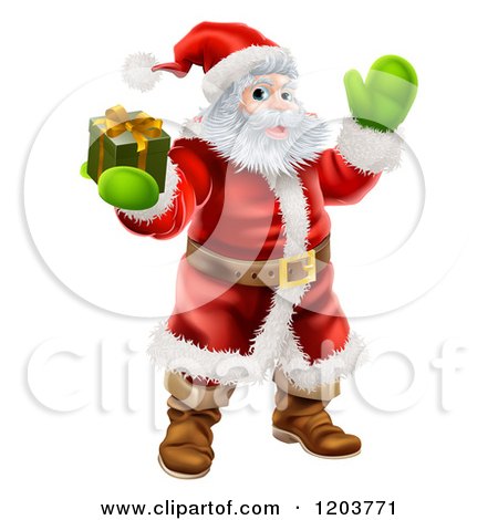 Cartoon of Santa Holding out a Gift Box and Waving - Royalty Free Vector Clipart by AtStockIllustration