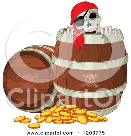 Pirate Skeleton Peeking out of a Beer Keg Barrel, with Coins on the Ground Posters, Art Prints