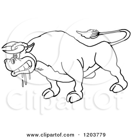 Cartoon of a Black and White Mad Salivating Bull - Royalty Free Vector Clipart by LaffToon