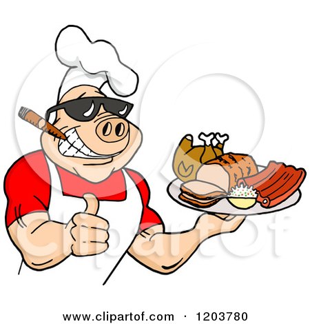 Cartoon of a Happy Muscular Chef Pig Wearing a Hat and Sunglasses, Smoking a Cigar, Holding a Thumb up and a Plate of Bbq Meats - Royalty Free Vector Clipart by LaffToon