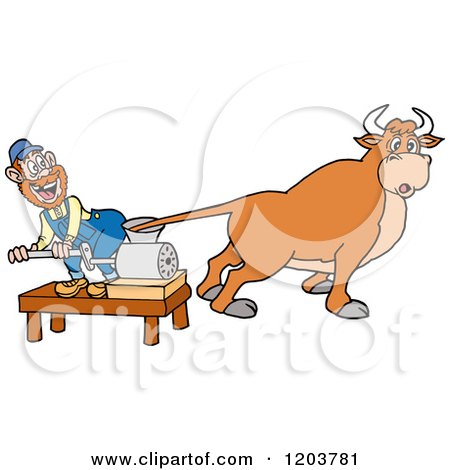 Cartoon of a Hillbilly with a Cows Tail in a Meat Grinder - Royalty Free Vector Clipart by LaffToon