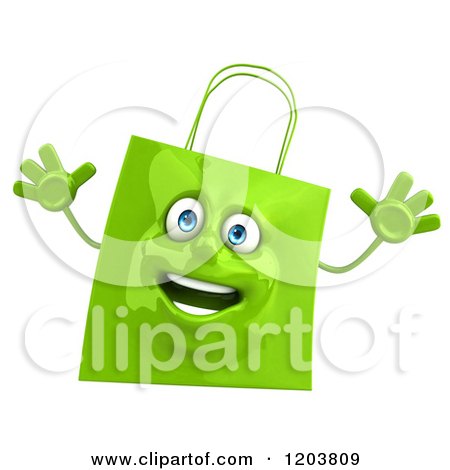 Clipart of a 3d Happy Green Shopping Bag Jumping - Royalty Free CGI