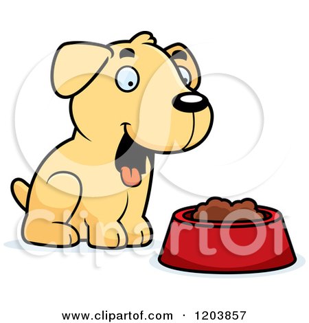 Cartoon of a Cute Yellow Labrador Puppy Sitting by Dog Food - Royalty Free Vector Clipart by Cory Thoman