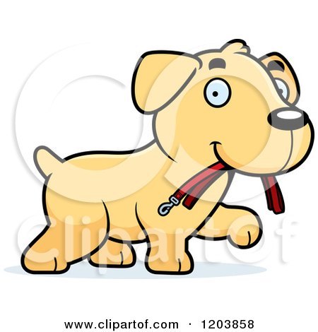 Cartoon of a Cute Yellow Labrador Puppy Carrying a Leash - Royalty Free Vector Clipart by Cory Thoman