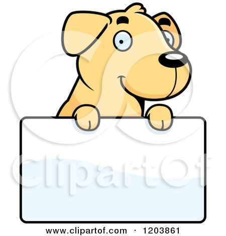 Cartoon of a Cute Yellow Labrador Puppy over a Sign - Royalty Free Vector Clipart by Cory Thoman