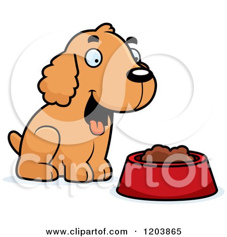 Cartoon of a Cute Spaniel Puppy by a Bowl of Dog Food - Royalty Free Vector Clipart by Cory Thoman