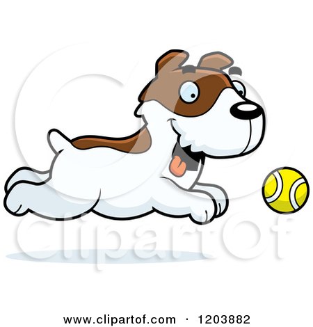 Cartoon of a Cute Jack Russell Terrier Puppy Chasing a Tennis Ball - Royalty Free Vector Clipart by Cory Thoman