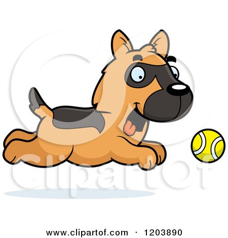 Cartoon of a Cute German Shepherd Puppy Chasing a Ball - Royalty Free Vector Clipart by Cory Thoman
