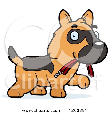 Cartoon of a Cute German Shepherd Puppy Carrying a Leash - Royalty Free Vector Clipart by Cory Thoman