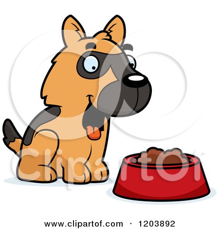 Cartoon of a Cute German Shepherd Puppy with Dog Food - Royalty Free Vector Clipart by Cory Thoman