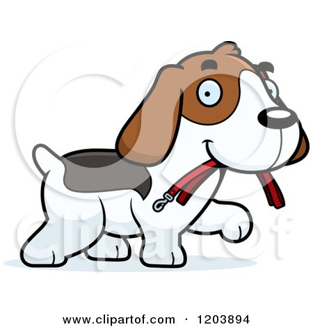 Cartoon of a Cute Beagle Puppy Carrying a Leash in His Mouth - Royalty Free Vector Clipart by Cory Thoman