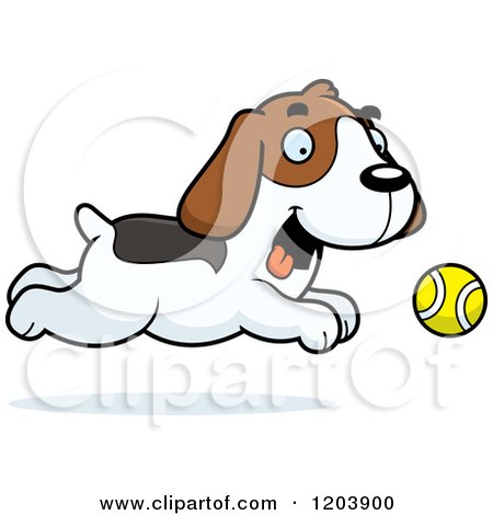 Cartoon of a Cute Beagle Puppy Chasing a Tenni Ball - Royalty Free Vector Clipart by Cory Thoman